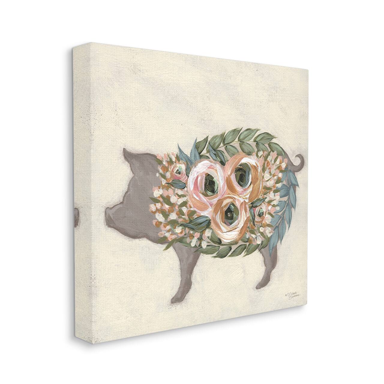 Stupell Industries Charming Farm Pig Green Pink Floral Body Canvas Wall Art